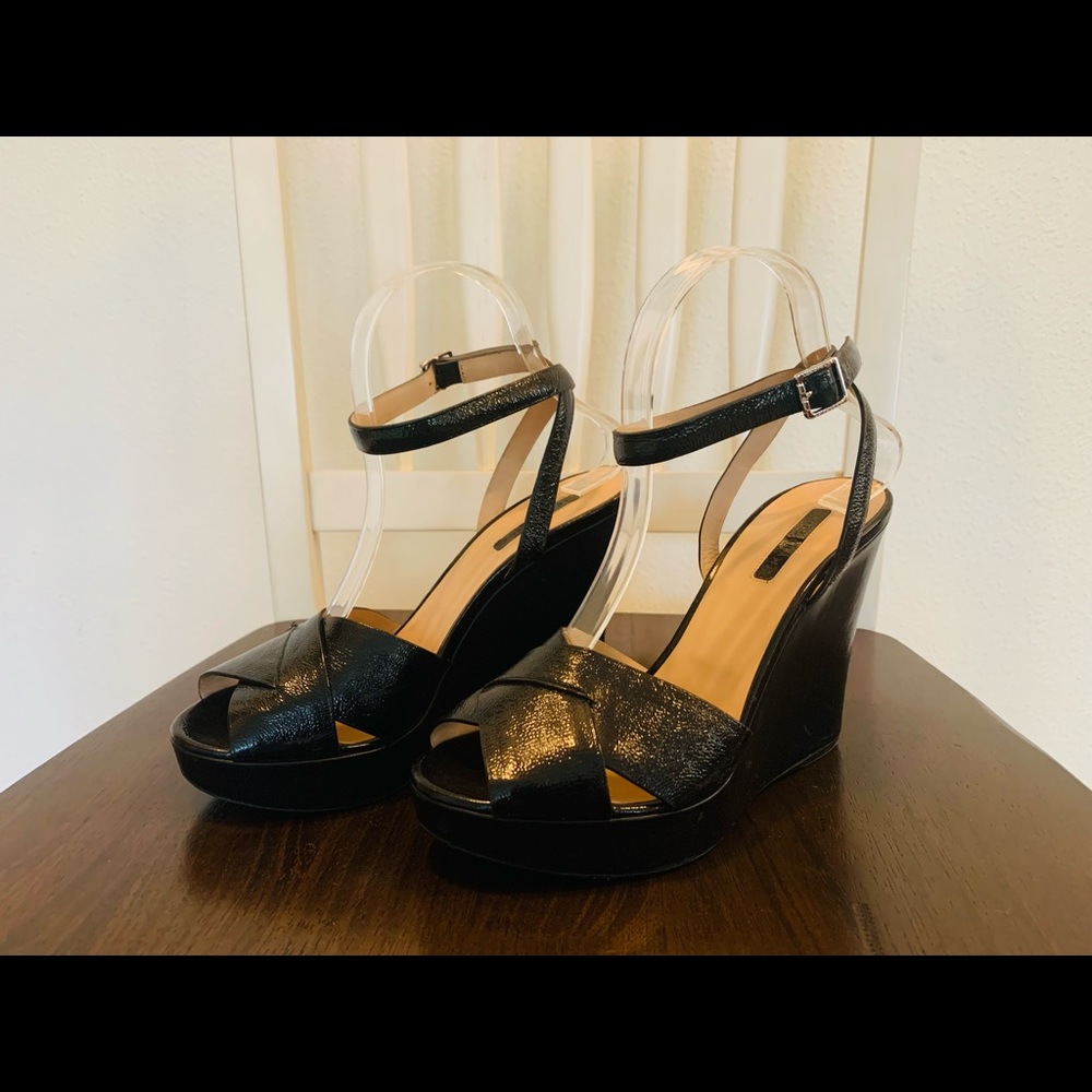 Longchamp Black Wedge Strappy Sandal Heels Size 38 (US 7.5)